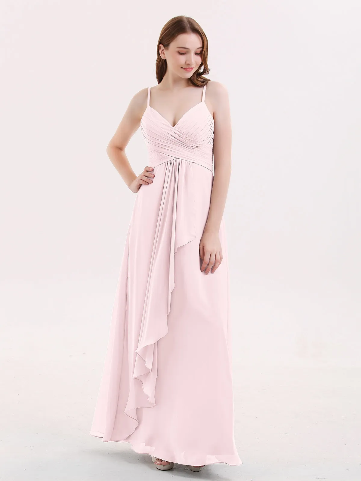 Chiffon Bridesmaid Dresses with Cascade Skirt-Blushing Pink
