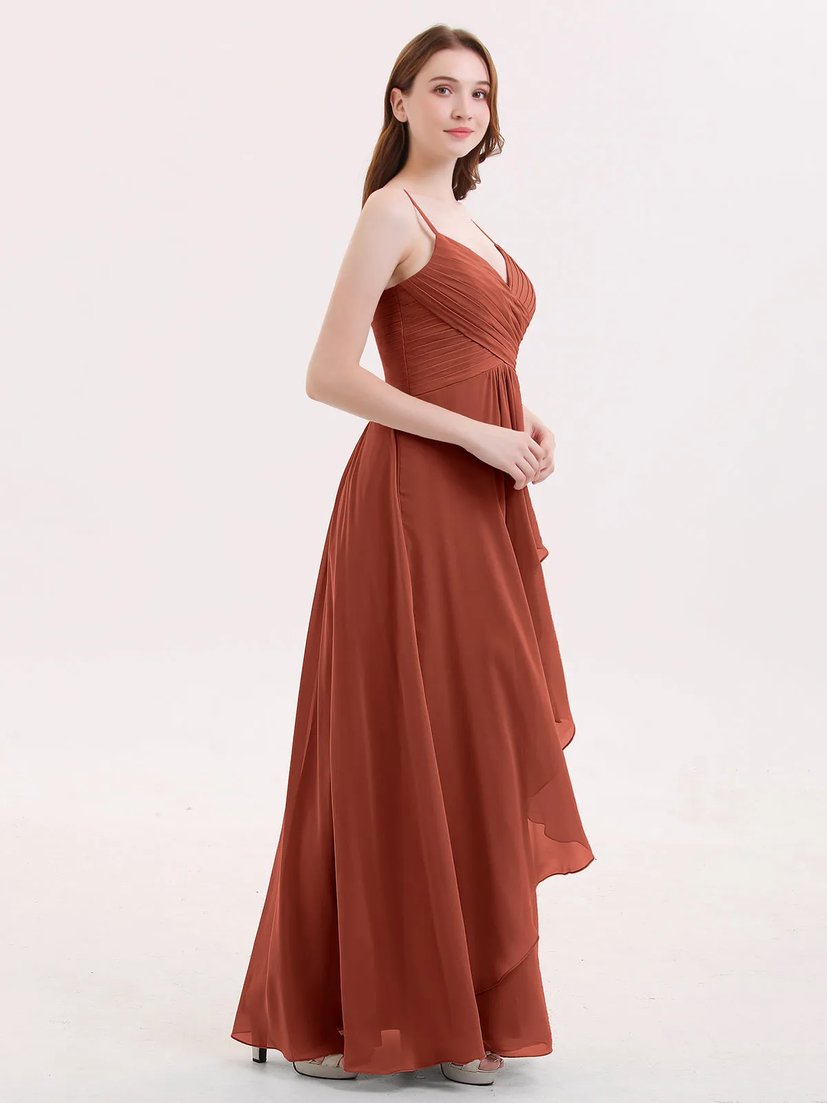Chiffon Bridesmaid Dresses with Cascade Skirt-Rust Plus Size