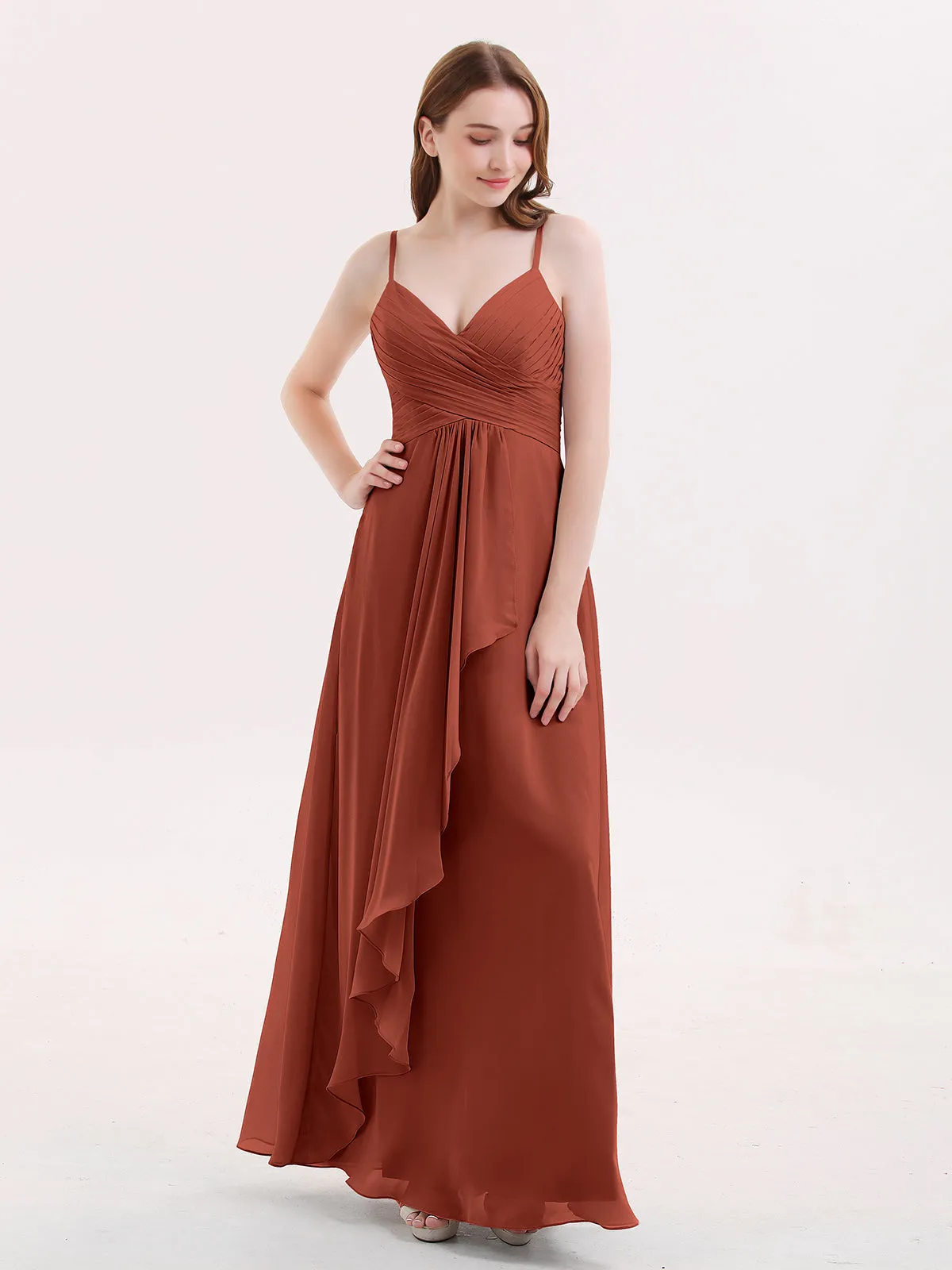 Chiffon Bridesmaid Dresses with Cascade Skirt-Rust Plus Size