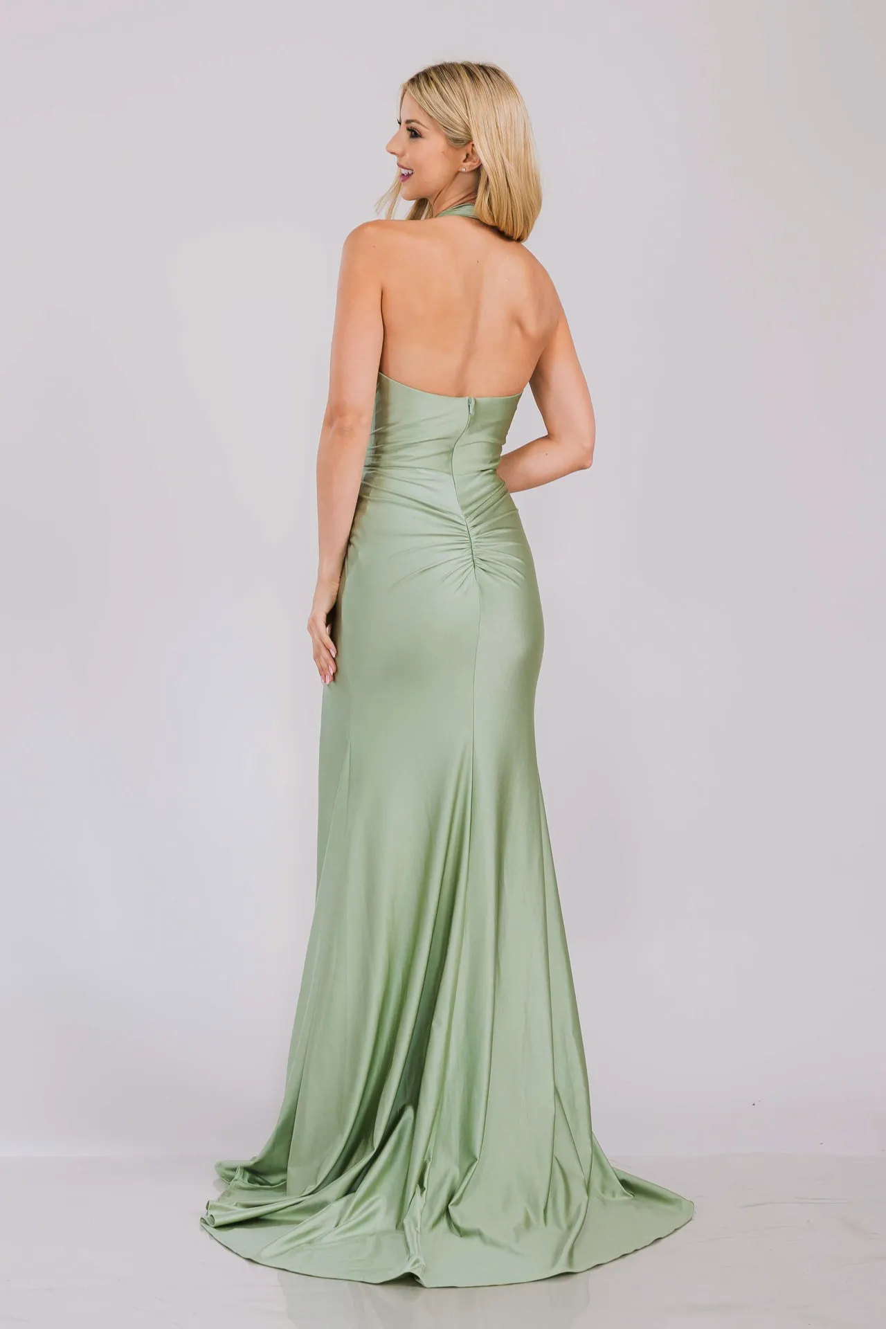Formal Sheath Sleeveless Dress w/ Sexy Leg Slit Halter Neckline & Mid-Open Back AC3040