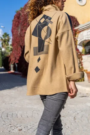 GNS Woman Camel Leather Trimmed Back Printed Wool Coat Shirt Bst3289 - San Adrián de Besós
